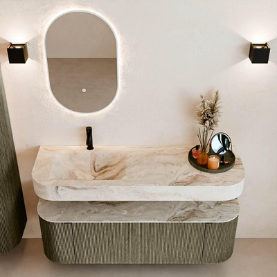 MONDIAZ THOR-DLUX 140cm meuble de salle de bains arrondi gauche + droite couleur Shadow avec 1 tiroir et 2 portes. Vasque suspendue CLOUD Gauche 1 trou de robinet couleur Frappe.