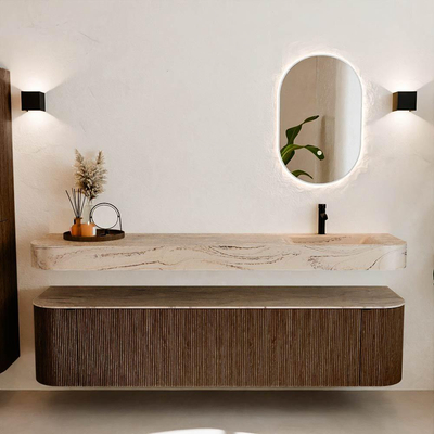 MONDIAZ THOR-DLUX 190cm badmeubel ronding links + rechts kleur Walnut met 2 lades en 2 deuren. Vrijhangende wastafel CLOUD Rechts 1 kraangat kleur Arena.