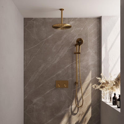 BRAUER Gold Carving Douche de pluie thermostatique encastrée - boutons-poussoirs - SET 72 - pomme de douche 30cm - bras de plafond - douchette 3 jets - flexible de douche - barre de douche intégrée - or brossé PVD
