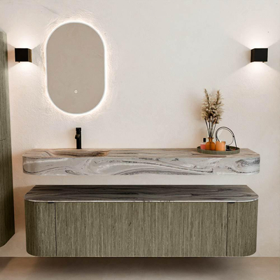 MONDIAZ THOR-DLUX Meuble de salle de bains 170cm arrondi gauche + droite couleur Shadow avec 1 tiroir et 2 portes. Vasque suspendue CLOUD Gauche 1 trou de robinet couleur Sombra.