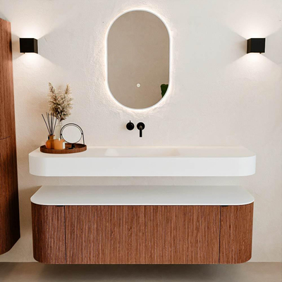 MONDIAZ THOR 150cm meuble de salle de bains arrondi gauche + droite couleur Ruby avec 1 tiroir et 2 portes. Vasque suspendue CLOUD Milieu sans trou de robinet couleur Talc.