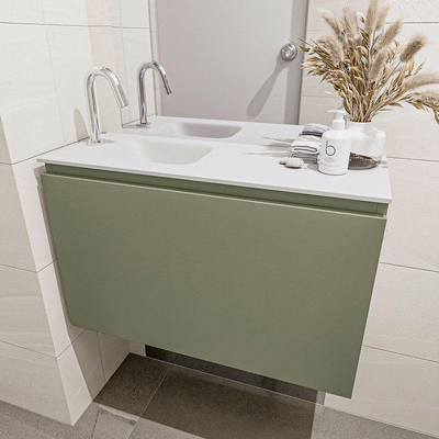 Mondiaz OLAN Meuble lave-mains 80x30x40cm 1 trou de robinet 1 tiroir Army mat avec lavabo LEX Gauche Solid Surface Blanc