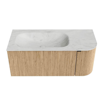 MONDIAZ KURVE-DLUX Meuble de salle de bains 105 cm avec module 25 R couleur Oak avec 1 tiroir et 1 porte. Lavabo BIG SMALL gauche sans trou de robinet couleur Opalo.