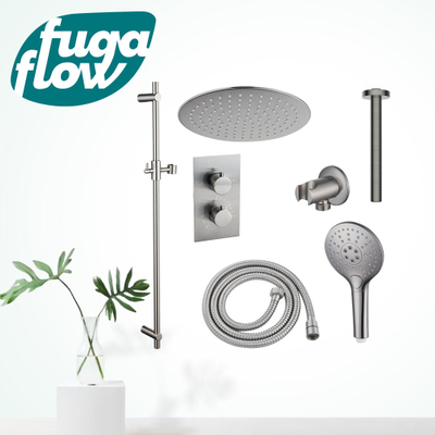 FugaFlow Eccelente Sobrado Inbouw Regendoucheset - thermostatisch - plafondarm -glijstang - 25cm hoofddouche - handdouche rond - geborsteld RVS PVD