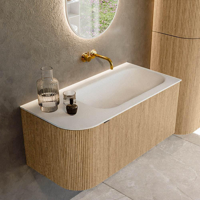 MONDIAZ KURVE 95cm badmeubel met module 25 L kleur Oak met 1 lade en 1 deur. Wastafel BIG SMALL rechts zonder kraangat Talc.