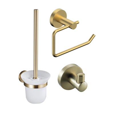 Fortifura Calvi Toiletset - toiletrolhouder - met klep- toiletborstel - handoekhaak - PVD - geborsteld messing (goud)