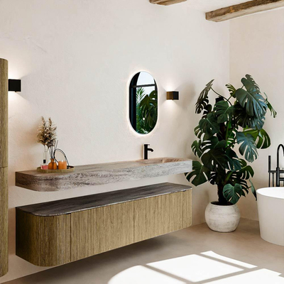 MONDIAZ THOR-DLUX 190cm meuble de salle de bains arrondi gauche + droite couleur Dusk avec 2 tiroirs et 2 portes. Vasque suspendue CLOUD Droite 1 trou de robinet couleur Oza.