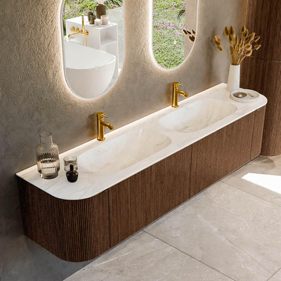 MONDIAZ KURVE-DLUX 190cm badmeubel met module 25 Len R kleur Walnut met 2 lades en 2 deuren. Wastafel STOR SMALL dubbel 2 kraangaten kleur Ostra.
