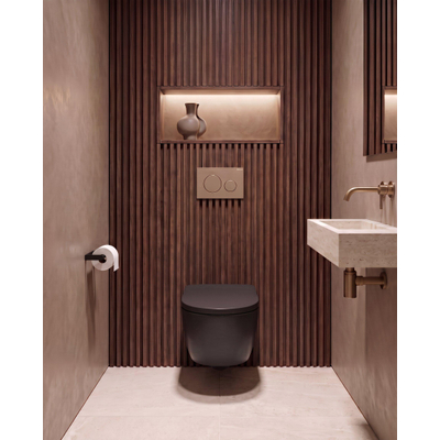QeramiQ Dely Swirl Toiletset - 36.3x51.7cm - Geberit UP720 Duofix Sigma inbouwreservoir - 35mm zitting - bedieningsplaat taupe - ronde knoppen - mat zwart