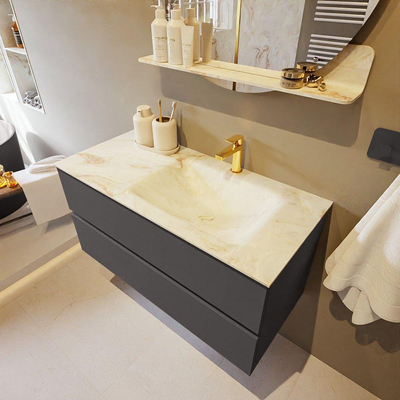 Mondiaz VICA-DLUX Ensemble de meuble de salle de bain - 100cm - meuble sous-vasque gris foncé - 2 tiroirs - lavabo encastré cloud droite - 1 trou de robinet - version haute de 60cm - frape