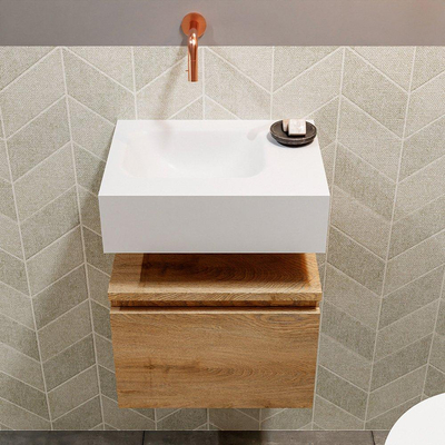 MONDIAZ ANDOR Toiletmeubel - 40x30x30cm - 0 kraangaten - 1 lades - washed oak mat - wasbak links - Solid surface - Wit