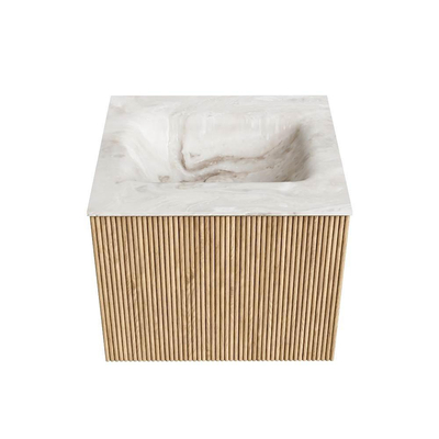 MONDIAZ KURVE-DLUX Meuble de salle de bains 50cm couleur Oak avec 1 tiroir. Lavabo GRUNNE centré sans trou de robinet couleur Frappe.