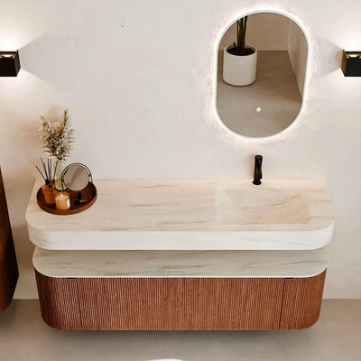 MONDIAZ THOR-DLUX 160cm meuble de salle de bains arrondi gauche + droite couleur Ruby avec 1 tiroir et 2 portes. Vasque suspendue CLOUD Droite 1 trou de robinet couleur Meli.