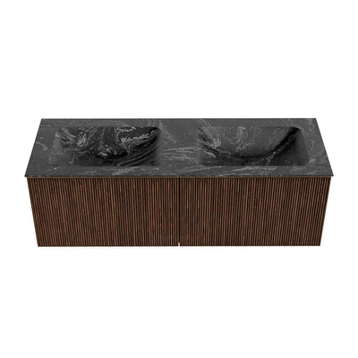 MONDIAZ KURVE-DLUX Meuble de salle de bains 130 cm couleur Walnut avec 2 tiroirs. Lavabo LEAF double 2 trous de robinet couleur Lava.