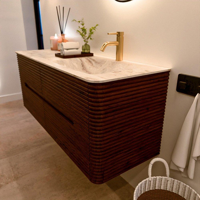 Mondiaz CIRO-DLUX Badkamermeubelset - 130x45x50cm - Solid surface wastafel Frappe - 1 wasbak Rechts - 1 kraangat - 4 lades - Ruby