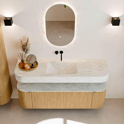 MONDIAZ THOR-DLUX 150cm meuble de salle de bains arrondi gauche + droite couleur Chêne avec 1 tiroir et 2 portes. Vasque suspendue CLOUD Milieu sans trou de robinet couleur Opalo.