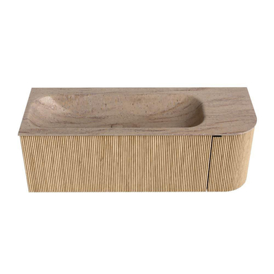 MONDIAZ KURVE-DLUX 125cm badmeubel ronding Rechts kleur Oak met 1 lade en 1 deur. Wastafel BIG MEDIUM Links 1 kraangat Saba.