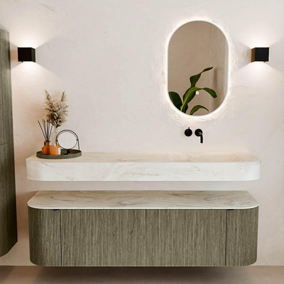 MONDIAZ THOR-DLUX 160cm meuble de salle de bains arrondi gauche + droite couleur Shadow avec 1 tiroir et 2 portes. Vasque suspendue CLOUD Droite sans trou de robinet couleur Ostra.