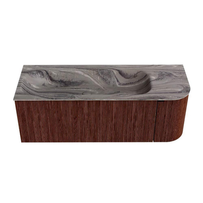 MONDIAZ KURVE-DLUX 125cm badmeubel ronding Rechts kleur Ruby met 1 lade en 1 deur. Wastafel BIG MEDIUM Links zonder kraangat Sombra.