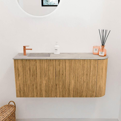 Mondiaz JOYA-DLUX 91.6cm toiletmeubel - ronding rechts kleur Oak - Wastafel FAYE positie Links 1 kraangat kleur Glace.