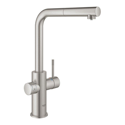 Grohe Blue Home Keukenkraan - uittrekbare L uitloop - 1 gats - filterfunctie - plat licht en bruisend water - Brushed Supersteel (RVS)