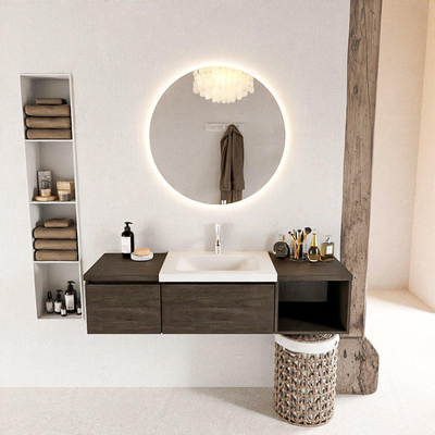 MONDIAZ BUKLA meuble de salle de bain 140 cm avec module ouvert 40 à droite couleur Marron Foncé avec 2 tiroirs. Lavabo CLOUD centre 1 trou de robinet couleur Talc.