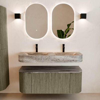 MONDIAZ THOR-DLUX Meuble de salle de bains 120cm arrondi gauche + droite couleur Shadow avec 1 tiroir et 2 portes. Vasque suspendue CLOUD Double 2 trous de robinet couleur Oza.