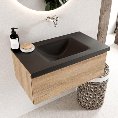 Mondiaz BUKLA Ensemble de meuble - 80x45x34cm - 0 trous de robinet - lavabo centré - solid surface - Urban - sans poignée - 1 tiroir - Mélamine - Chêne blanchi
