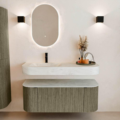 MONDIAZ THOR-DLUX 120cm meuble de salle de bains arrondi gauche + droite couleur Shadow avec 1 tiroir et 2 portes. Vasque suspendue CLOUD Gauche 1 trou de robinet couleur Opalo.