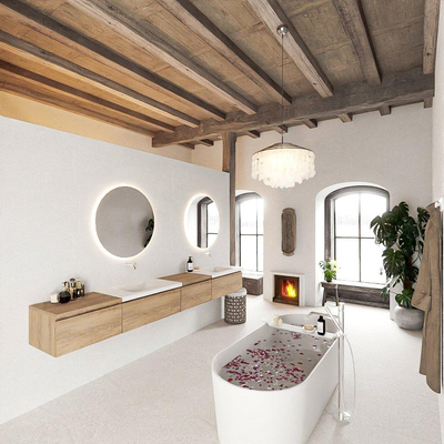 MONDIAZ BUKLA 280cm ensemble de meuble avec module 60 à droite couleur Chêne blanchi avec 4 tiroirs. Lavabo CLOUD double 0 trou de robinet couleur Talc.