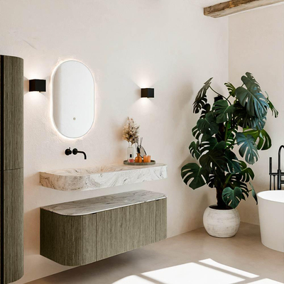 MONDIAZ THOR-DLUX 120cm meuble de salle de bains arrondi gauche + droite couleur Shadow avec 1 tiroir et 2 portes. Vasque suspendue CLOUD Gauche sans trou de robinet couleur Glace.