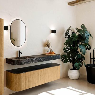 MONDIAZ THOR-DLUX 160cm meuble de salle de bains arrondi gauche + droite couleur Oak avec 1 tiroir et 2 portes. Vasque suspendue CLOUD gauche 1 trou de robinet couleur Lava.