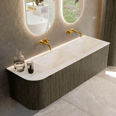 Mondiaz KURVE-DLUX Ensemble de meuble de salle de bains - 145x46x40cm - 1 tiroir - 1 porte - lavabo solid surface - double / droite - sans trou de robinet - Shadow