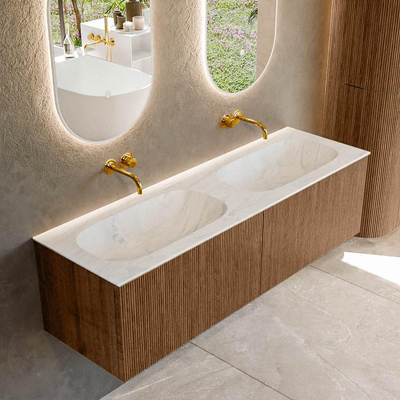 MONDIAZ KURVE-DLUX 150cm Meuble salle de bain - couleur Walnut - 2 tiroirs - vasque STOR SMALL double - sans trou de robinet - couleur Opalo