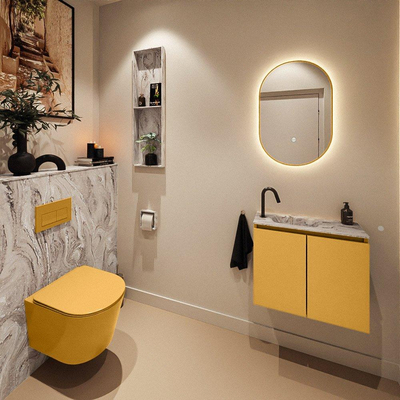 MONDIAZ TURE-DLUX Meuble toilette - 60cm - Ocher - EDEN - vasque Glace - position gauche - 1 trou de robinet