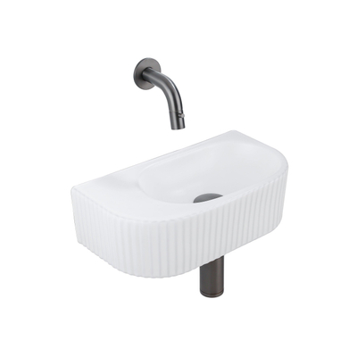 QeramiQ Fuente Ensemble de Lavabo - 40x21.5x12cm - strié - demi-rond - céramique - ensemble de robinet gunmetal - bouchon de vidange - siphon abaissé - blanc mat