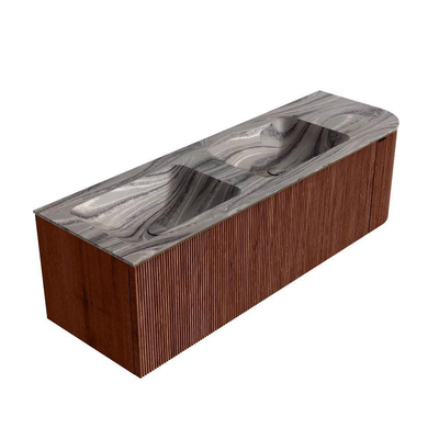 MONDIAZ KURVE-DLUX Meuble de salle de bains 145cm arrondi à droite couleur Ruby avec 1 tiroir et 1 porte. Lavabo LEAF Double / Gauche 2 trous de robinet Sombra.