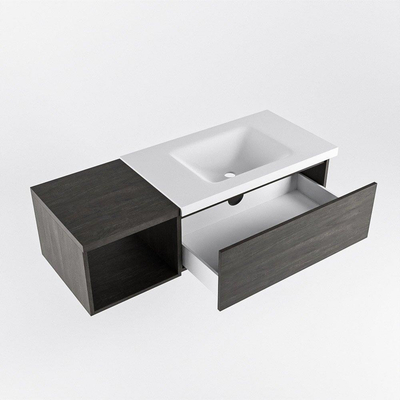 MONDIAZ BUKLA 120cm ensemble de meuble avec module ouvert 40 couleur Marron foncé avec 1 tiroir. Lavabo CLOUD à droite 1 trou de robinet couleur Talc.