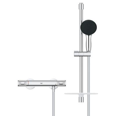 GROHE Precision Feel Ensemble de douche - robinet thermostatique - avec ensemble barre de douche - 60cm - douchette ronde - 3 jets - flexible de douche lisse - chrome