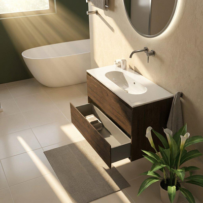 Saniclass Holz Pure Ensemble meuble de salle de bains - 100x45x73.9cm - lavabo en céramique Chaci blanc - 1 vasque - sans trou de robinet - 2 tiroirs - chêne charcoal mat (bois)