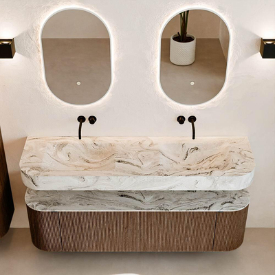 MONDIAZ THOR-DLUX 160cm badmeubel ronding links + rechts kleur Walnut met 1 lade en 2 deuren. Vrijhangende wastafel CLOUD Dubbel zonder kraangat kleur Glace.