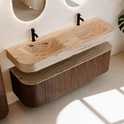 MONDIAZ THOR-DLUX 150cm meuble de salle de bains arrondi gauche + droite couleur Walnut avec 1 tiroir et 2 portes. Vasque suspendue CLOUD Double 2 trous de robinet couleur Arena.