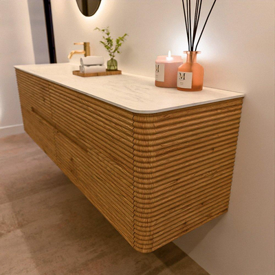 Mondiaz CIRO-DLUX Ensemble de meubles de salle de bains - 170x45x50cm - Plan-vasque solid surface Opalo - 1 vasque à gauche - 1 trou de robinetterie - 4 tiroirs - Chêne