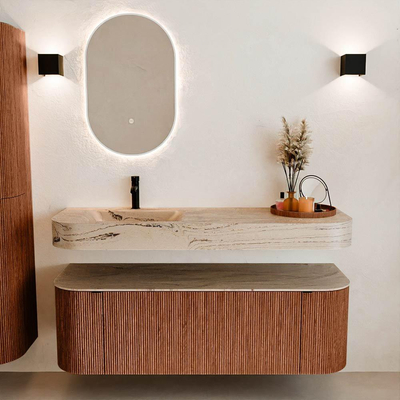 MONDIAZ THOR-DLUX 140cm badmeubel ronding links + rechts kleur Ruby met 1 lade en 2 deuren. Vrijhangende wastafel CLOUD Links 1 kraangat kleur Arena.