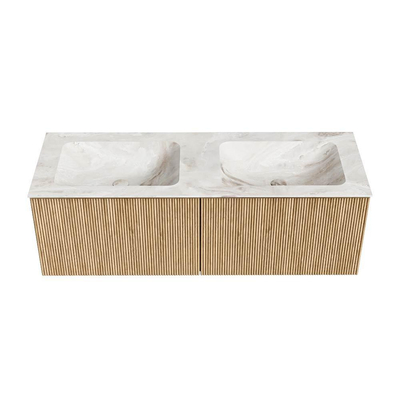 MONDIAZ KURVE-DLUX meuble de salle de bains 130 cm couleur Oak avec 2 tiroirs. Lavabo LEAF double sans trou de robinet couleur Frappe.