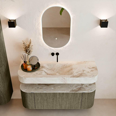 MONDIAZ THOR-DLUX 130cm meuble de salle de bains arrondi gauche + droite couleur Shadow avec 1 tiroir et 2 portes. Vasque suspendue CLOUD Milieu sans trou de robinet couleur Frappe.