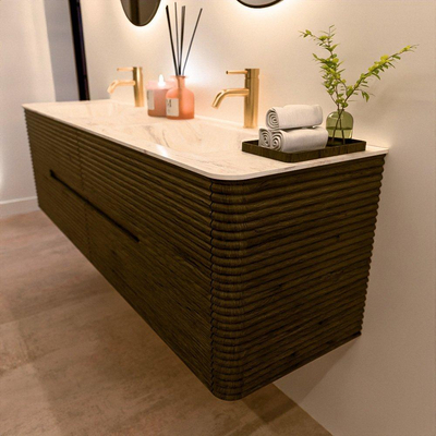 Mondiaz CIRO-DLUX Badkamermeubelset - 170x45x50cm - Solid surface wastafel Ostra - 2 wasbak Dubbel - 2 kraangaten - 4 lades - Shadow