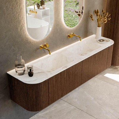 MONDIAZ KURVE-DLUX 180cm badmeubel met module 25 Len R kleur Walnut met 2 lades en 2 deuren. Wastafel LEAF dubbel zonder kraangat kleur Frappe.