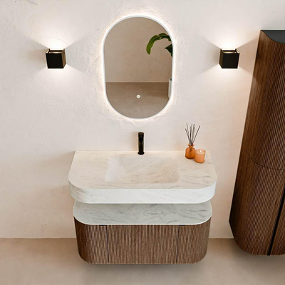 MONDIAZ THOR-DLUX 100cm badmeubel ronding links + rechts kleur Walnut met 1 lade en 2 deuren. Vrijhangende wastafel CLOUD Midden 1 kraangat kleur Opalo.