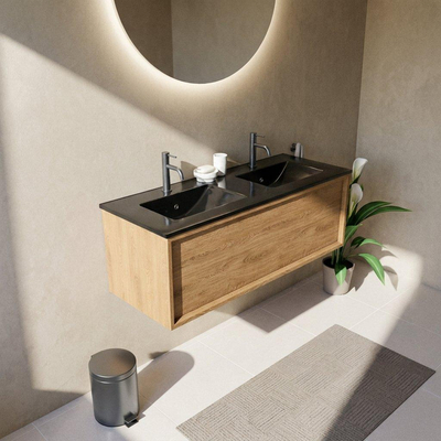 Saniclass Holz Frame Ensemble de meubles de salle de bains - 120x45x42cm - Lavabo en céramique Vygo noir - 2 vasques - 2 trous de robinetterie - 1 tiroir - chêne natural mat (bois)